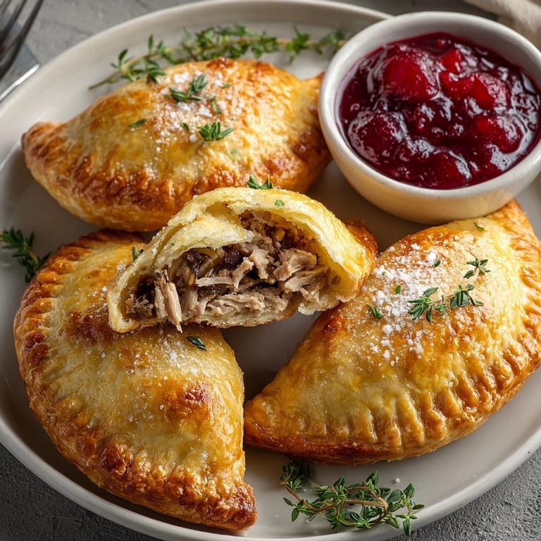 Homemade Turkey & Stuffing Hand Pies, a delicious blend of Thanksgiving flavors, served piping hot.