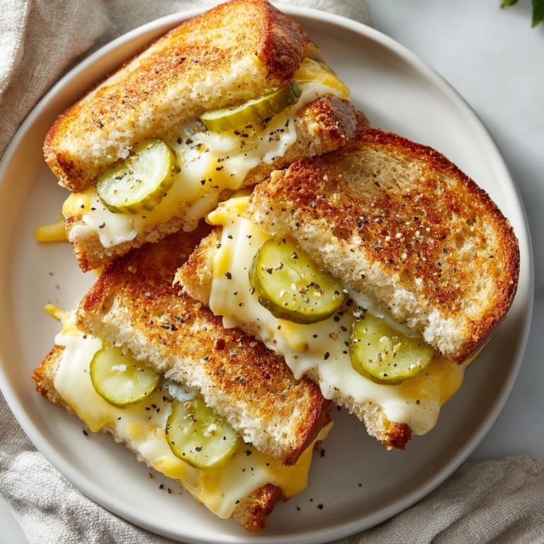 Sharp cheddar melts beautifully in this quick 15-Minute Pickle Juice Grilled Cheese sandwich on toasted bread.