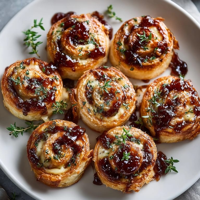 Looking at the plate of Cherry-Glazed Ham and Cheese Roll-Ups, ready for a delicious snack.