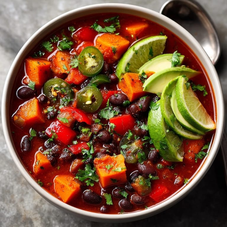 Vibrant image of a hearty sweet potato and black bean chili; perfect for a cozy autumn dinner.