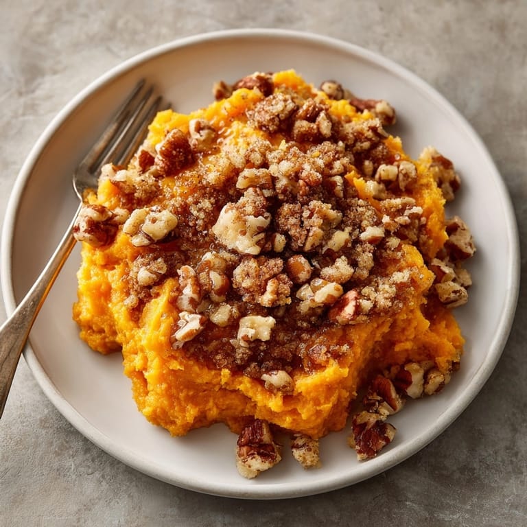 Close-up of flavorful Maple Pecan Sweet Potato Casserole with a delicious, crunchy pecan layer.