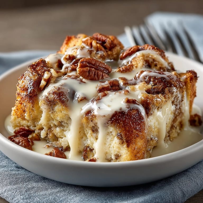 A close-up of the warm, fluffy Cinnamon Roll French Toast Bake, ready to serve with fresh berries.