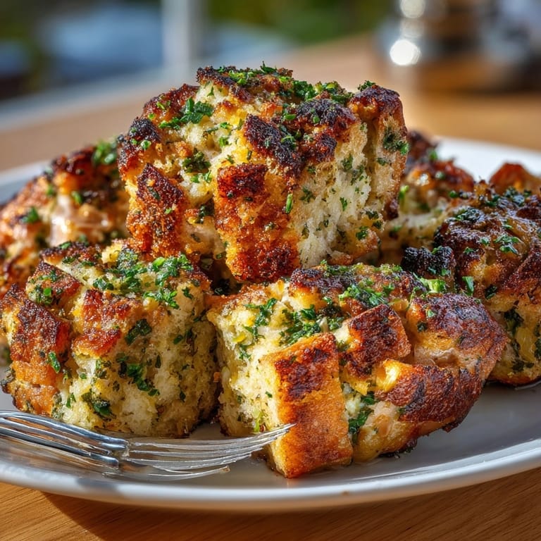 A close-up view of savory, herb-filled Stuffing-Crusted Chicken Thighs with a crispy, golden crust.