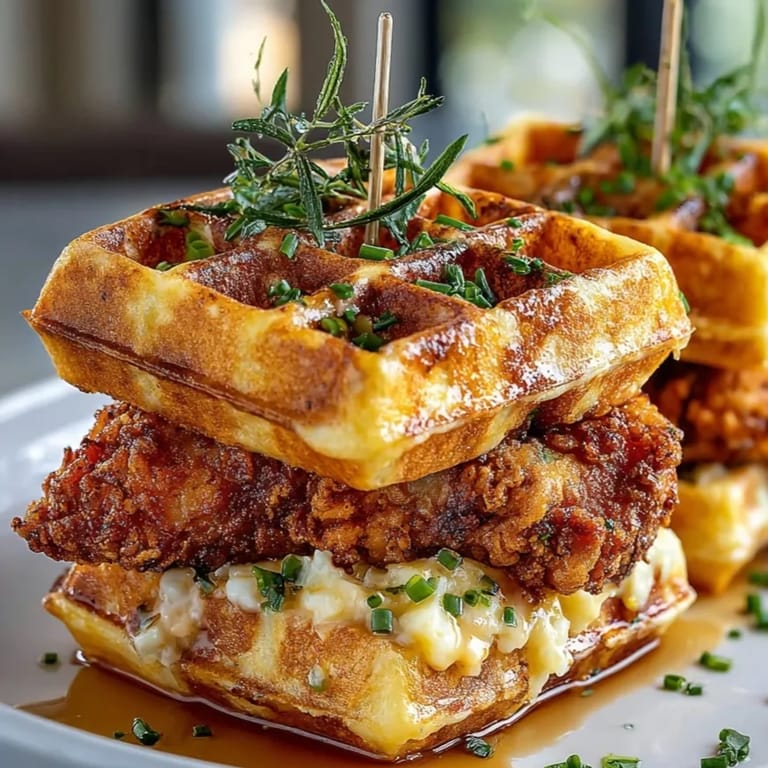 Imagine the delicious combination of sweet and savory: perfectly crafted Chicken and Waffle Sliders drizzled with syrup.
