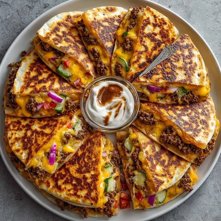 Crispy, cheesy Cheeseburger Quesadillas with beef and pickles, offering a delightful fusion of flavors.