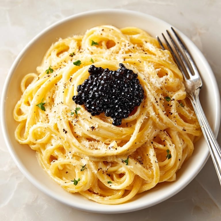 Milk Tea Alfredo with Boba Pearl Garnish, fettuccine swirled in aromatic sauce and chewy bubbles.