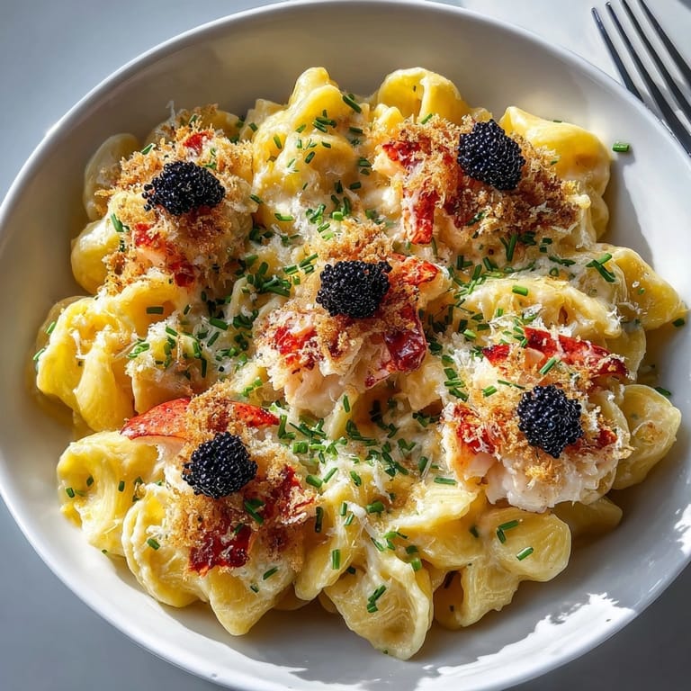 Decadent lobster mac and cheese with caviar bursts, ready to enjoy as a main dish.