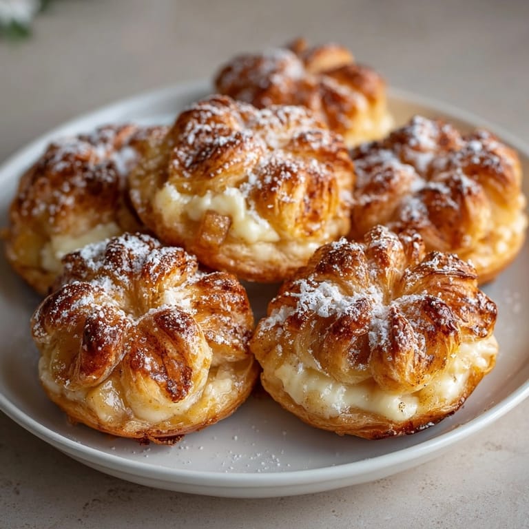 Flaky puff pastry Ricotta Apple Blossom Pastries filled with warm cinnamon apples, perfect for serving with coffee.