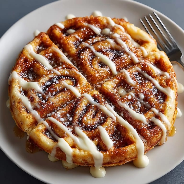Golden cinnamon roll waffles drizzled with sweet cream cheese frosting, invitingly plated for Sunday brunch.