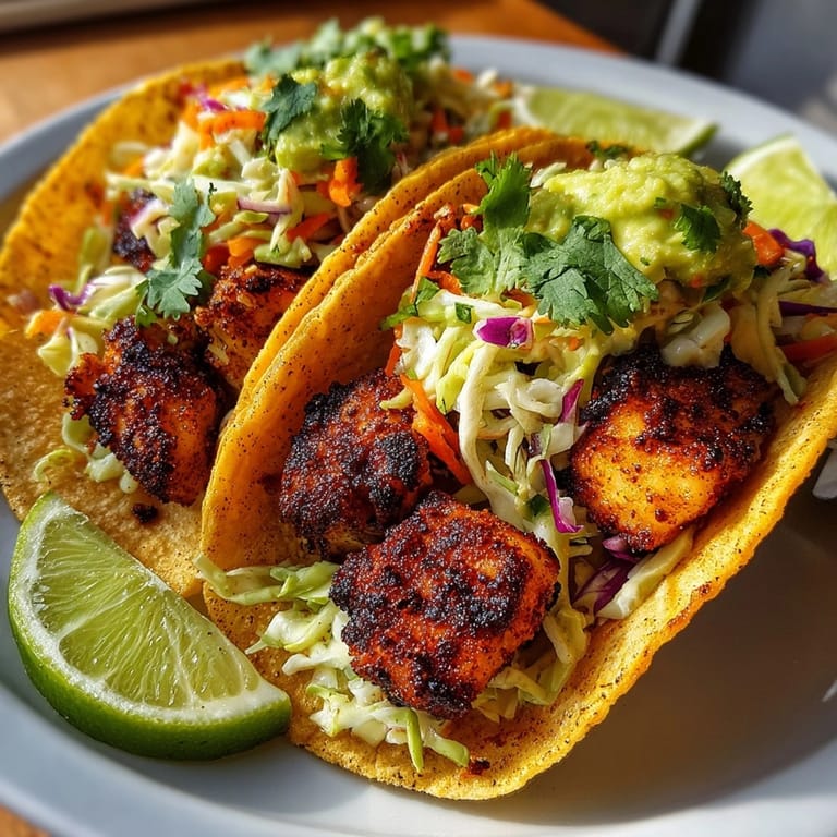 Close-up of spicy Cajun Blackened Fish Tacos with Avocado Slaw garnished with fresh cilantro and lime