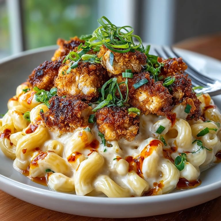 Bubbly Sweet Chili Chicken Mac and Cheese with melted white cheddar and green onion garnish.