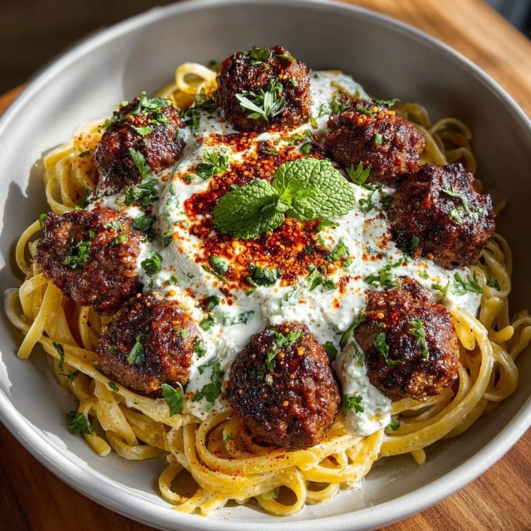 Forkful of Moroccan-Spiced Meatball Pasta with Harissa Cream, creamy sauce clings to noodles.
