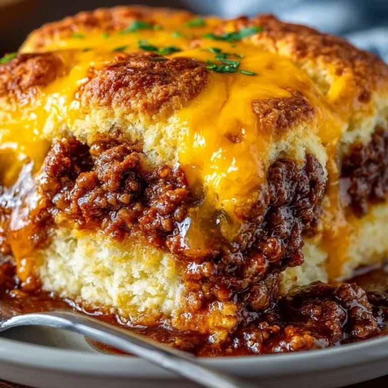 Freshly baked Sloppy Joe Biscuit Casserole topped with melted cheddar cheese, ready to serve.