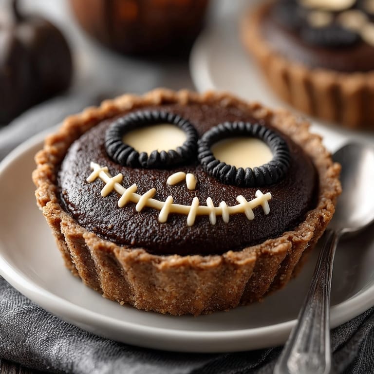 Homemade Jack Skellington Pie: A creamy chocolate dessert with spooky, cutout decorations.