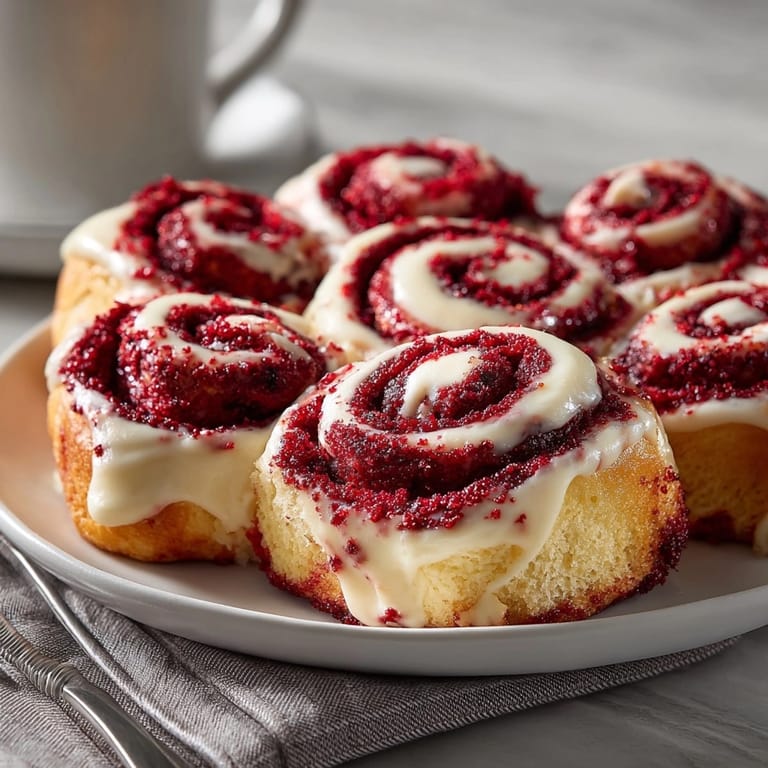Golden brown Red Velvet Cinnamon Rolls are warm, right out of the oven, waiting to be frosted.
