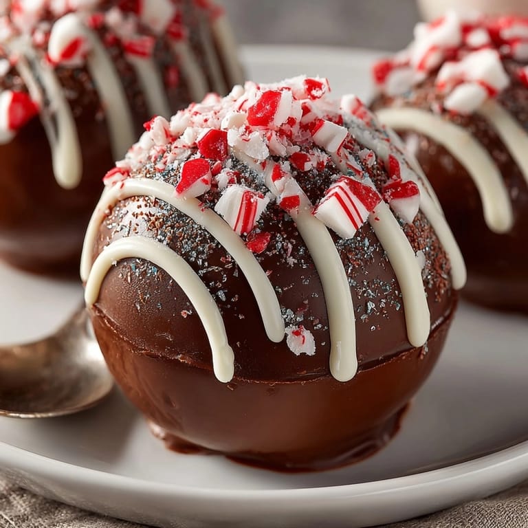 Steaming mug shows a dissolved Hot Cocoa Bomb with peppermint, promising a festive treat.