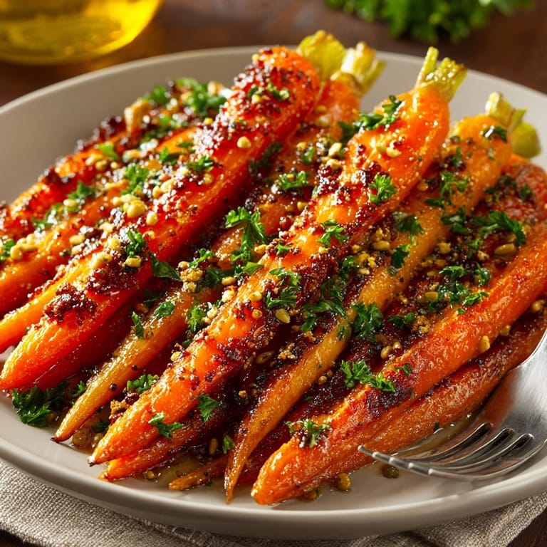 Close-up of glistening Maple Glazed Carrots with Pepitas, ready to serve, warm and fragrant.
