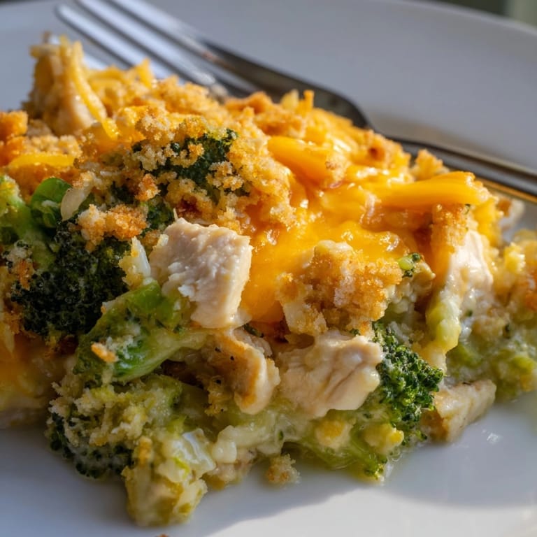 Creamy Broccoli Cheddar Chicken Casserole, a comforting baked dish with melted cheese on top.