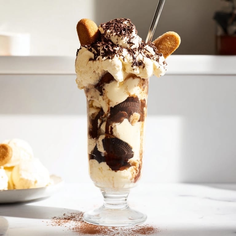 Easy Italian-American Tiramisu Float, speckled with cocoa, served cold and creamy in tall glasses.