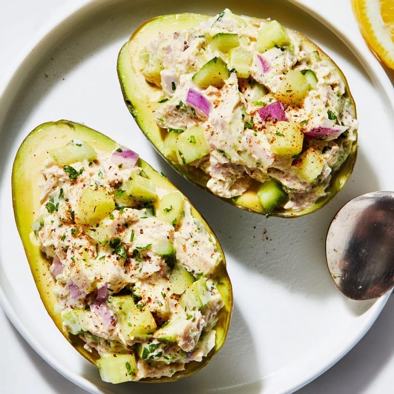 Easy Avocado Tuna Salad Boats recipe: satisfying tuna filling nestled in ripe avocado halves.