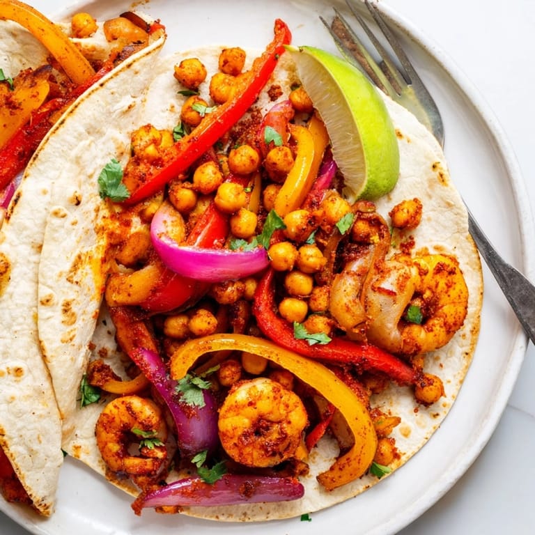 Close-up of roasted Shrimp and Chickpea Fajitas, aromatic and perfectly browned.