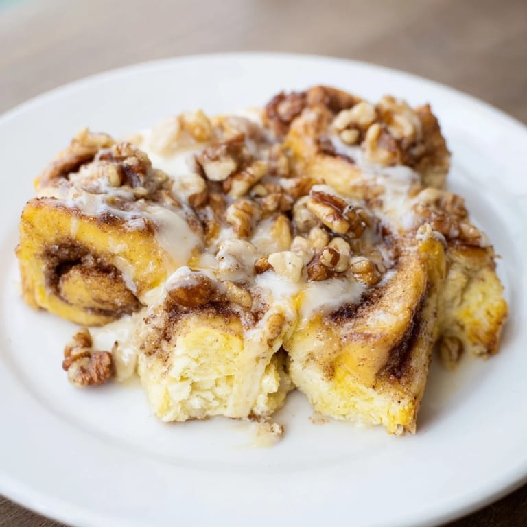 Fluffy pieces of cinnamon rolls baked in rich custard for a delicious breakfast.