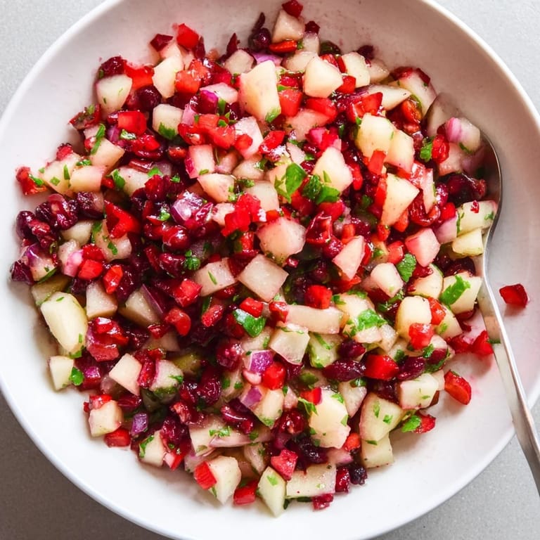 Deliciously sweet-tart pear and cranberry jalapeño salsa, ideal as a dip or topping.  