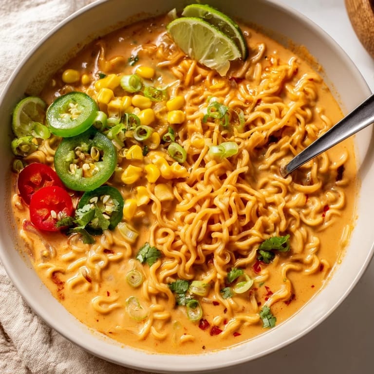Savor the fusion of ramen and queso in this delightful, colorful bowl of goodness.