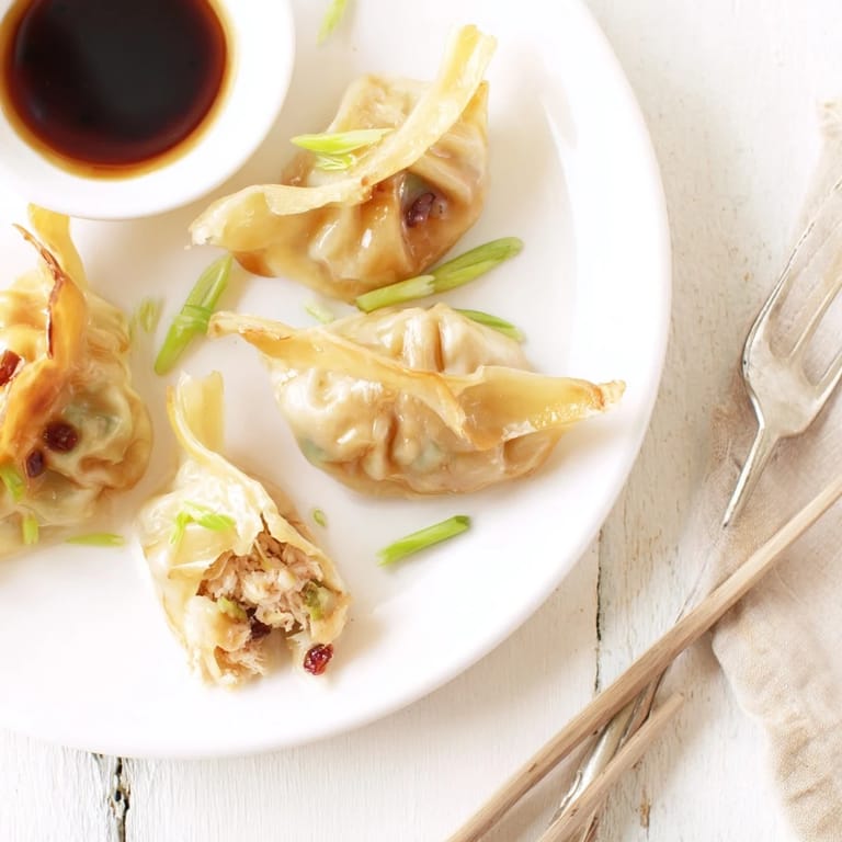 Golden-brown Thanksgiving turkey pot stickers, bursting with stuffing and delicious flavorful fillings.  