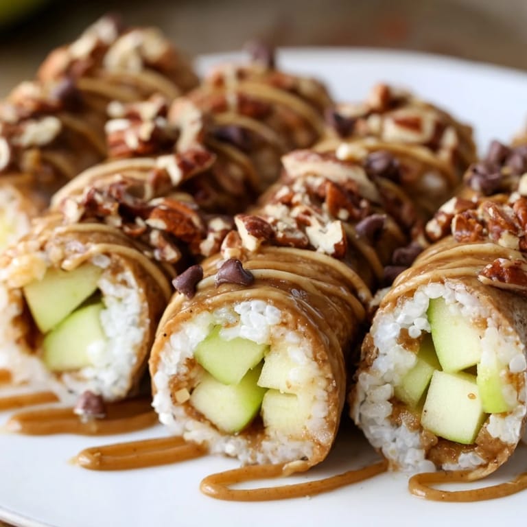 Sweet apple filling and creamy caramel beautifully wrapped in sushi rice rolls.  