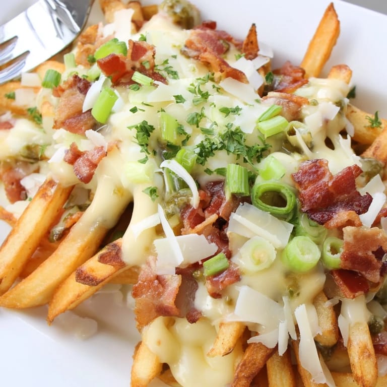 Golden truffle oil loaded fries bake, drizzled with aromatic oil and bubbling cheeses.