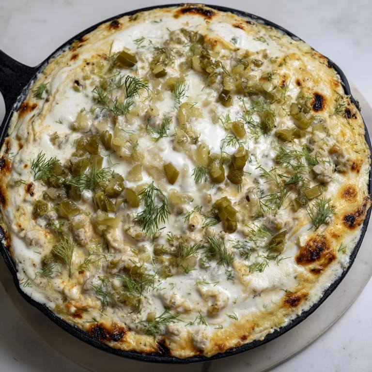 Melted cheese in Dill Pickle Queso Fundido Dip, garnished with fresh dill and pickles.