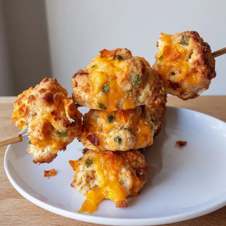 Freshly baked Flamin Hot Spicy Cheddar Biscuit Skewers, bursting with cheesy, spicy flavor.