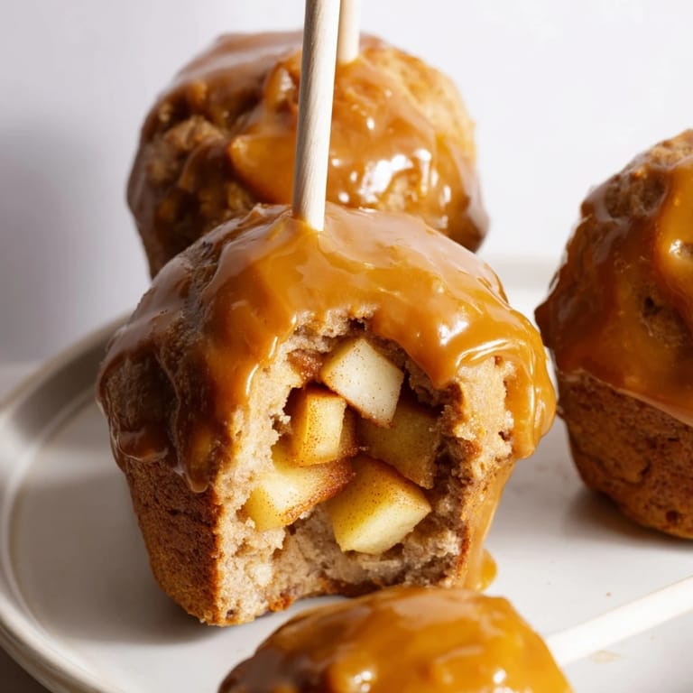 Autumn-inspired muffin pops featuring apples and spices, dipped in rich caramel for extra delight.