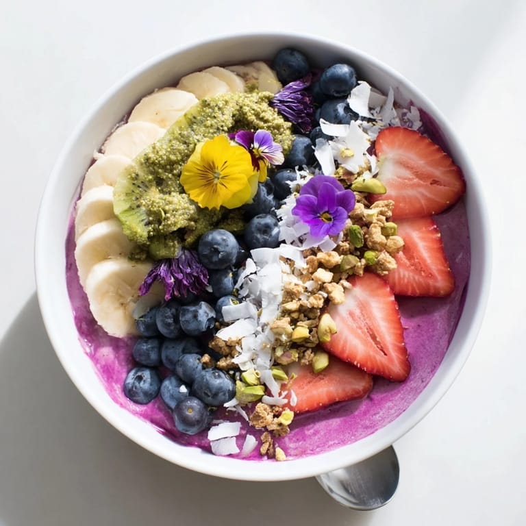 Delicious smoothie bowls layered with pistachio, banana, and colorful berries for added crunch.  