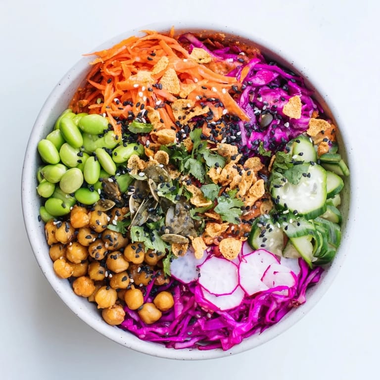 Eye-catching ASMR Crunch Snack Bowl topped with chickpeas, seeds, and a creamy dip.