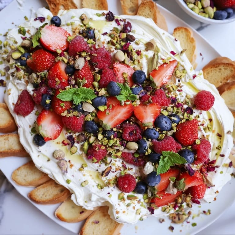 Creamy Butter Board Dessert Version artfully arranged with berries and mint leaves.  