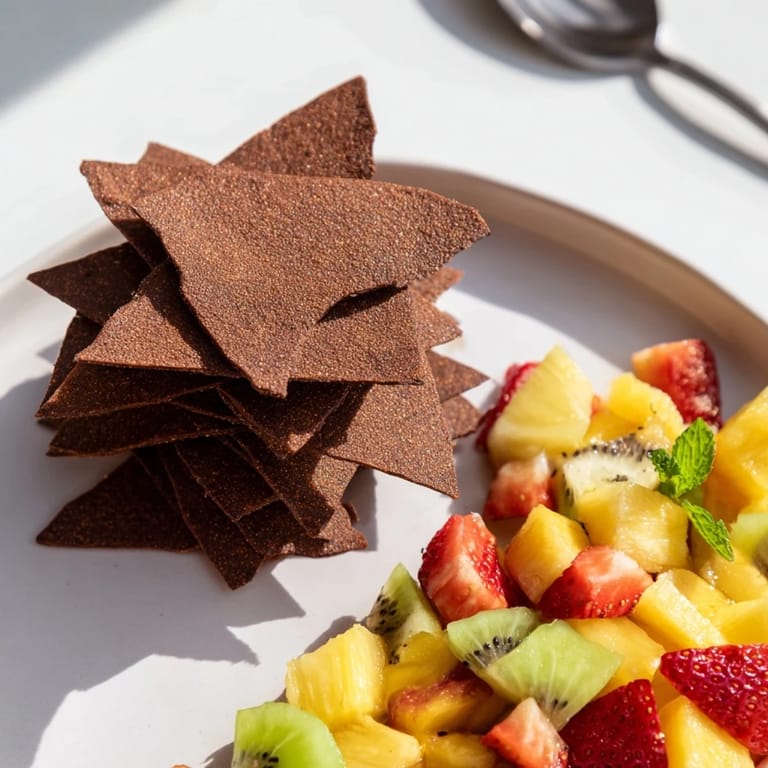 Decadent dessert chips & salsa featuring homemade chocolate chips and vibrant fruit medley.  