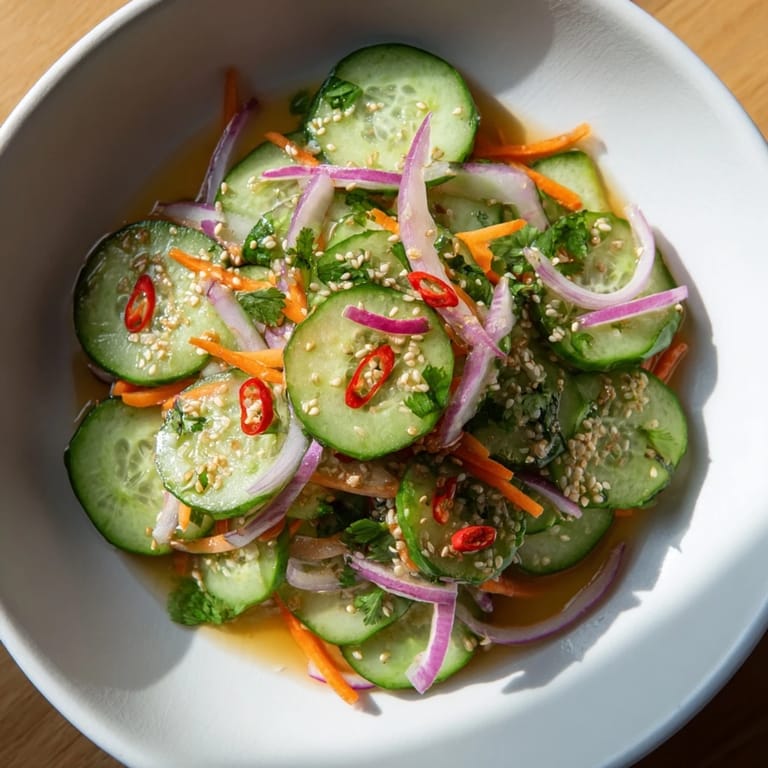 Cucumber salad remix showcasing crunchy veggies in tangy, savory dressing for a delightful bite.