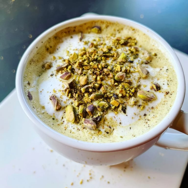 Homemade pistachio milk latte in a warm cup, a nutty coffeehouse favorite.  