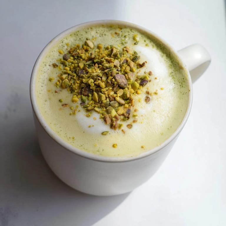 Fragrant pistachio milk latte, garnished with crushed nuts, perfect for cozy mornings.