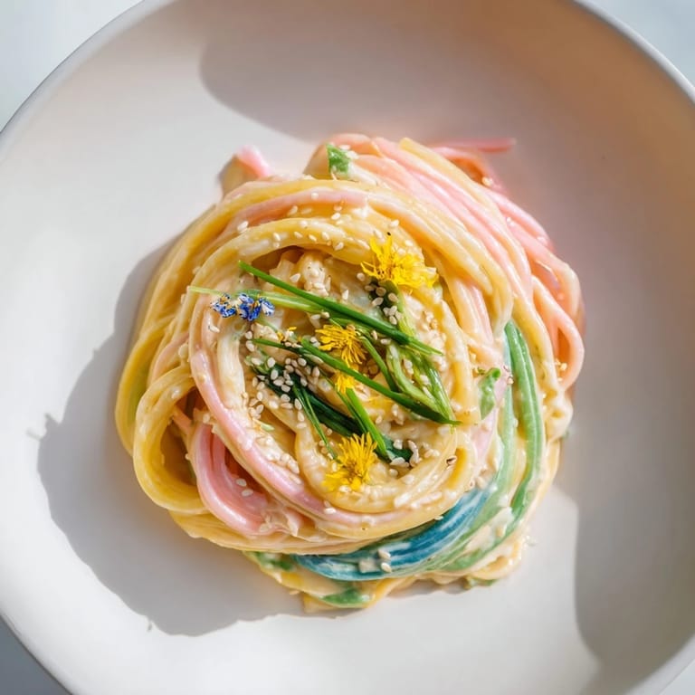 Lively Neon Noodle Cloud, featuring bright pasta swirled in dreamy creamy sauce and edible flowers.
