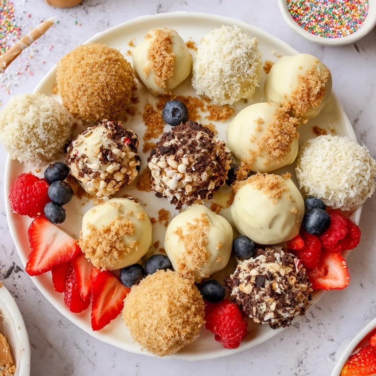 Interactive dessert board featuring creamy cheesecake bites, garnished with chocolate and sprinkles.