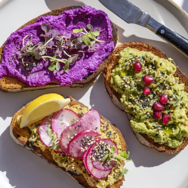 Colorful Bright & Bold Breakfast Toasts, drizzled with olive oil and garnished beautifully.
