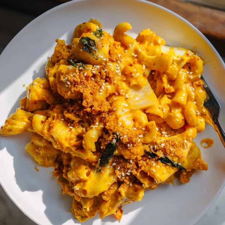 A vibrant bowl of Spicy Kimchi Mac & Cheese with gooey cheese and kimchi.  