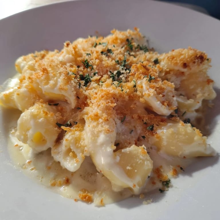 Decadent Truffle Macaroni & Cheese served in a bubbling dish with rich cheeses.  