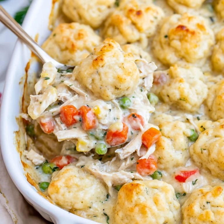 Warm, comforting chicken and dumplings casserole garnished with fresh parsley, ideal for family meals.