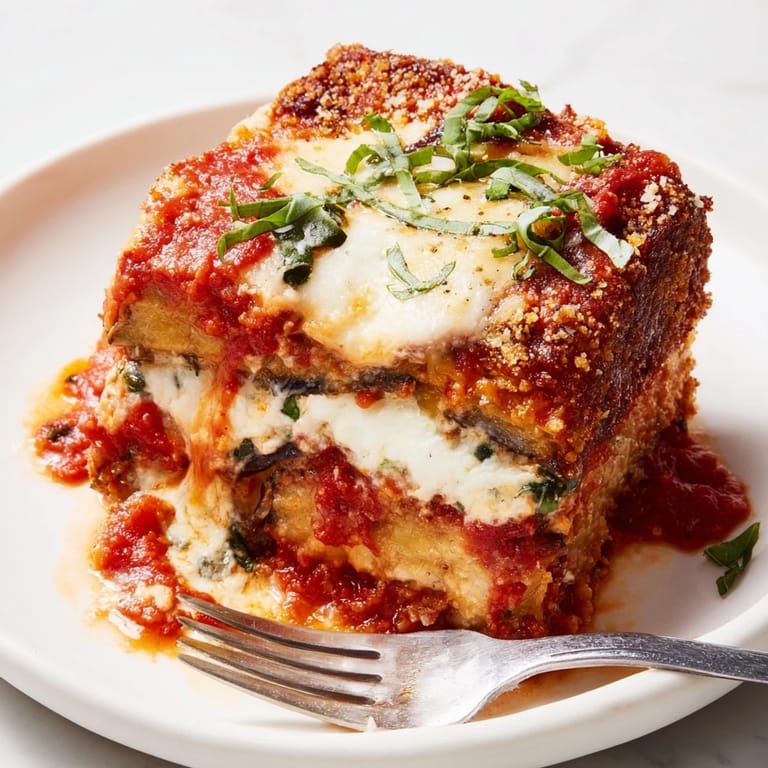 Golden-brown Eggplant Parmesan Lasagna, a comforting Italian dish ideal for family gatherings.