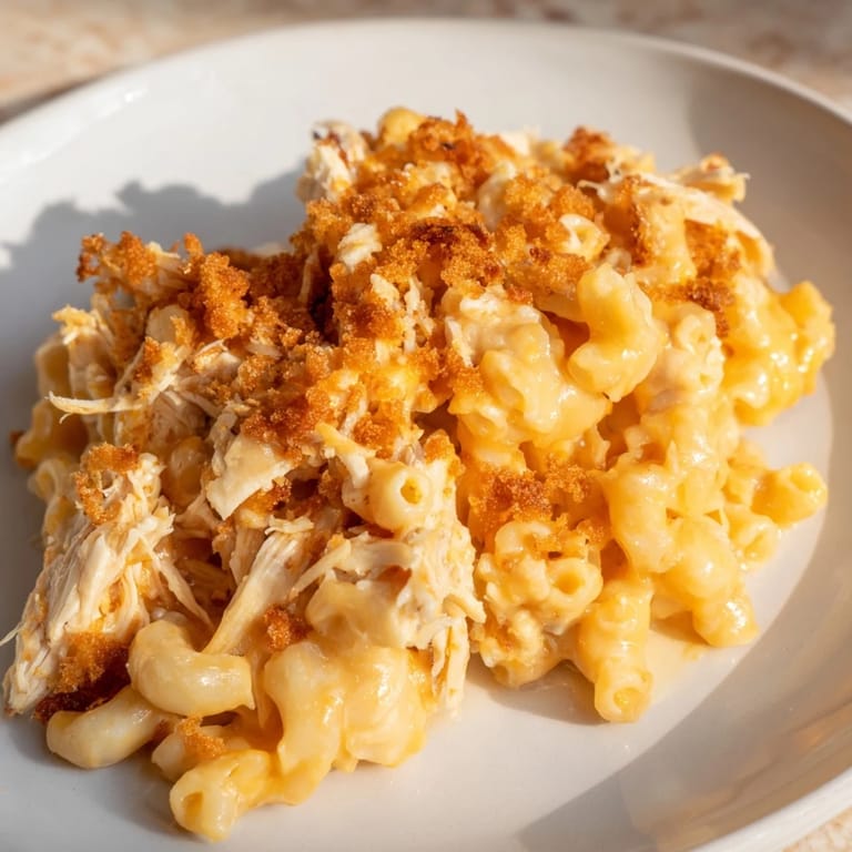 Delicious Classic Mac & Cheese with BBQ Chicken, featuring melted cheese and smoky flavors.