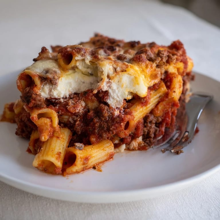 A mouthwatering serving of baked ziti with meat sauce and rich tomato flavor.  